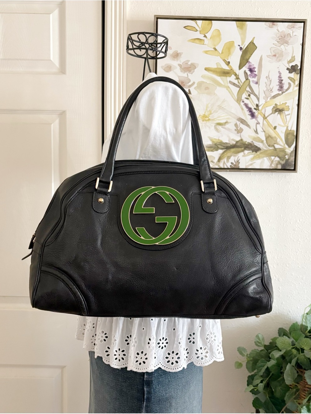 Gucci Black Leather Tote with Green GG Emblem
